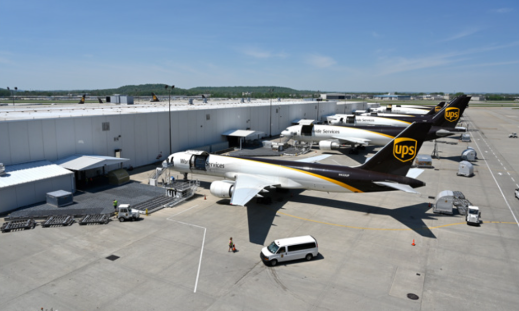 UPS Worldport express air cargo hub in Louisville with cargo aircraft and sorting facilities