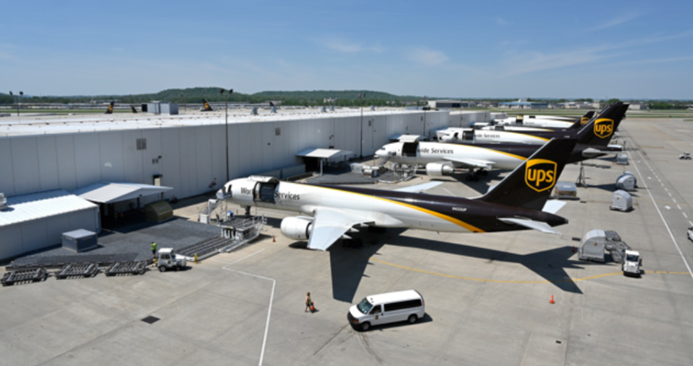 UPS Worldport express air cargo hub in Louisville with cargo aircraft and sorting facilities