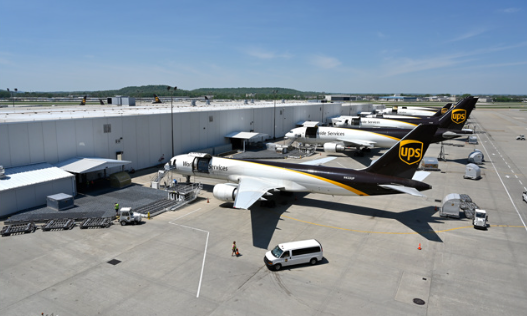 UPS Worldport express air cargo hub in Louisville with cargo aircraft and sorting facilities