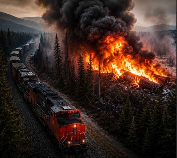 Canadian National (CN) freight train traveling through a wildfire-affected railway corridor as massive forest fires threaten rail freight operations in Ontario, Canada.