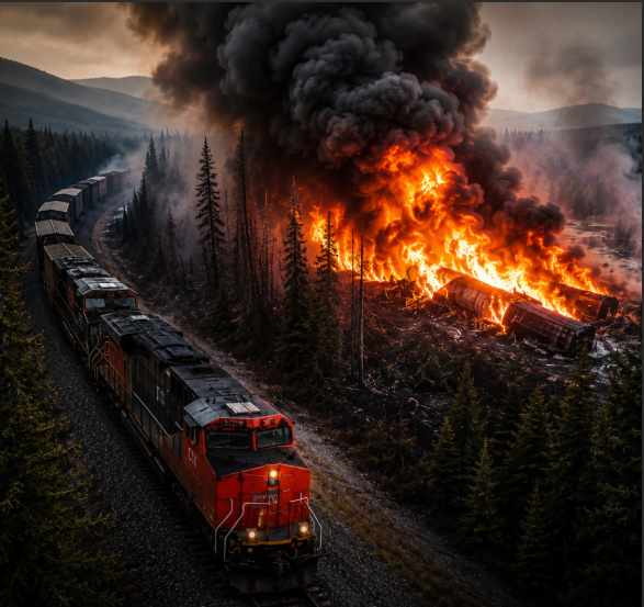 Canadian National (CN) freight train traveling through a wildfire-affected railway corridor as massive forest fires threaten rail freight operations in Ontario, Canada.