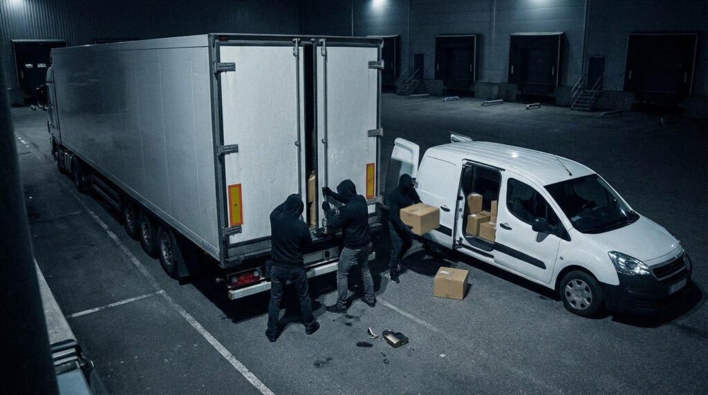 Three masked thieves breaking into a parked freight trailer at night while loading stolen cargo into a white van at a logistics warehouse, illustrating the growing threat of cargo theft in global supply chains.