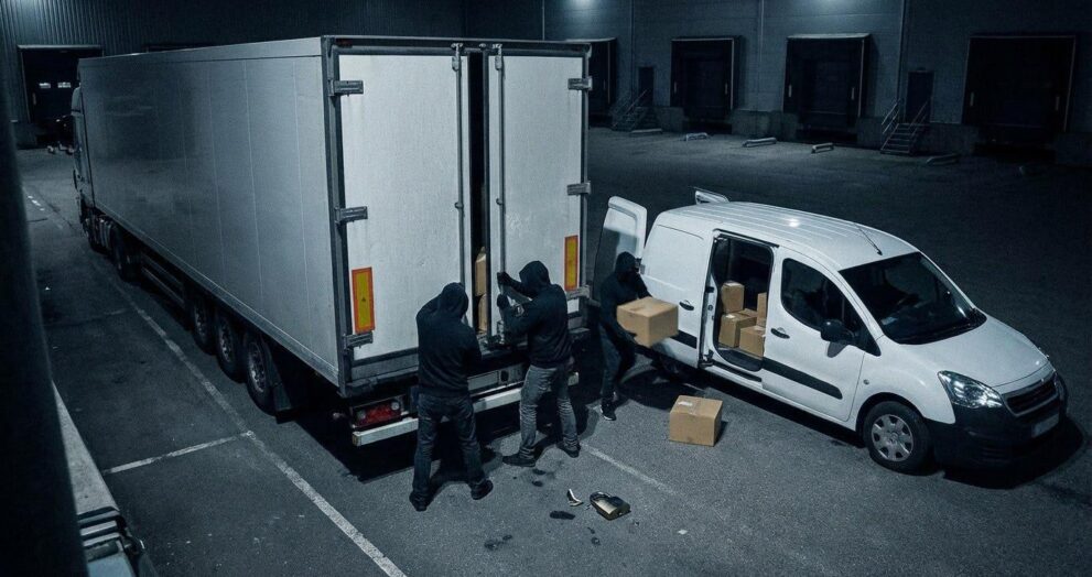Three masked thieves breaking into a parked freight trailer at night while loading stolen cargo into a white van at a logistics warehouse, illustrating the growing threat of cargo theft in global supply chains.