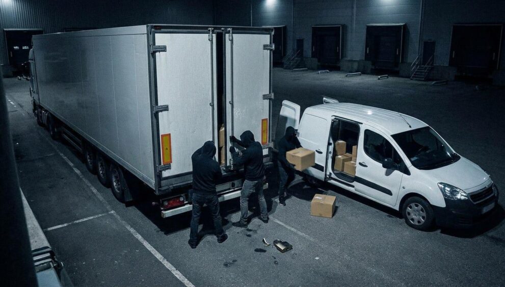 Three masked thieves breaking into a parked freight trailer at night while loading stolen cargo into a white van at a logistics warehouse, illustrating the growing threat of cargo theft in global supply chains.
