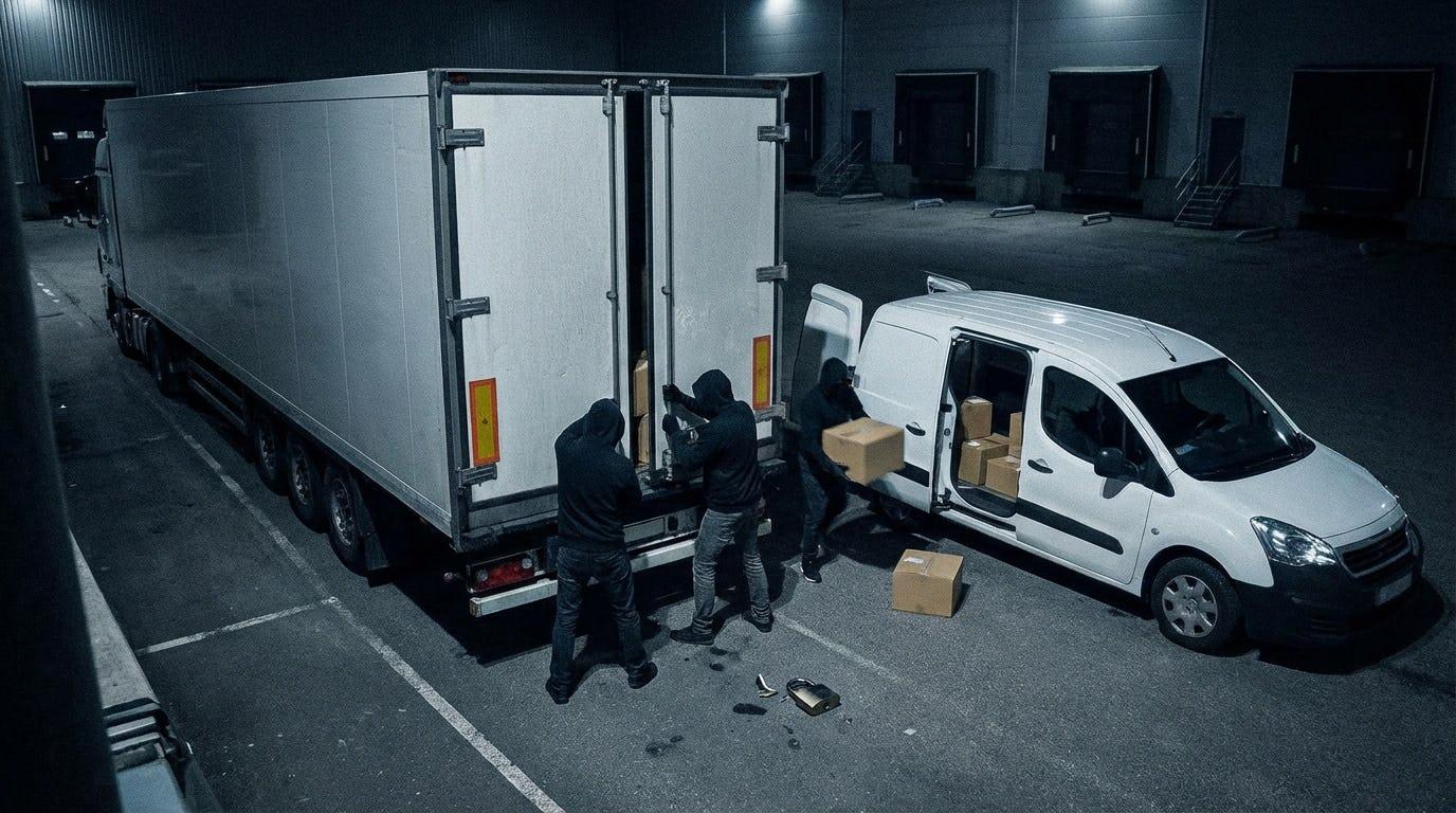 Three masked thieves breaking into a parked freight trailer at night while loading stolen cargo into a white van at a logistics warehouse, illustrating the growing threat of cargo theft in global supply chains.