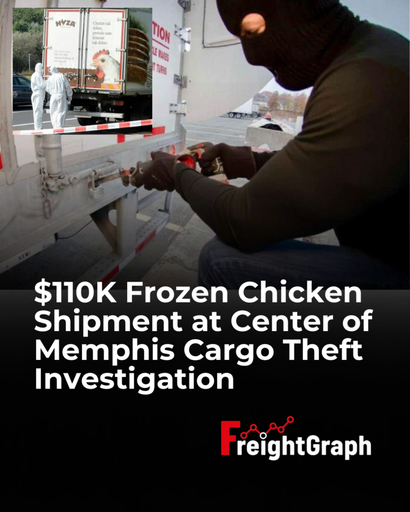 Refrigerated semi-trailer involved in a Memphis cargo theft investigation involving a $110,000 frozen chicken shipment