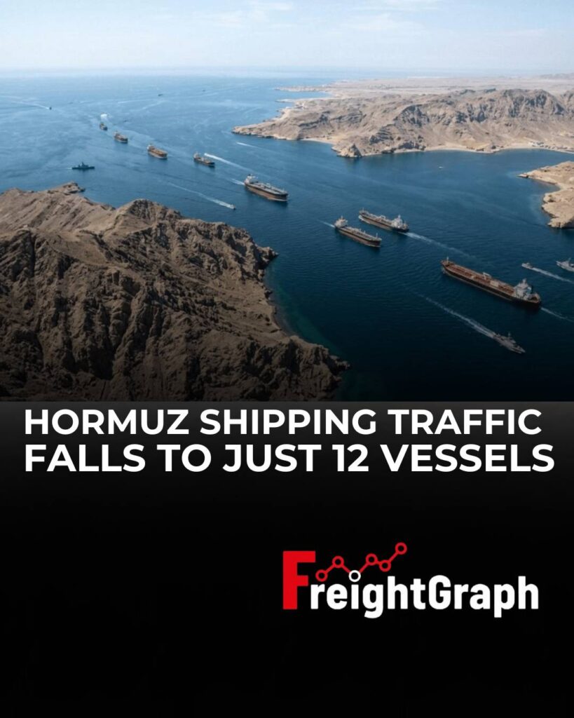 Container and cargo vessels navigating the Strait of Hormuz as shipping traffic falls sharply amid ongoing regional conflict.