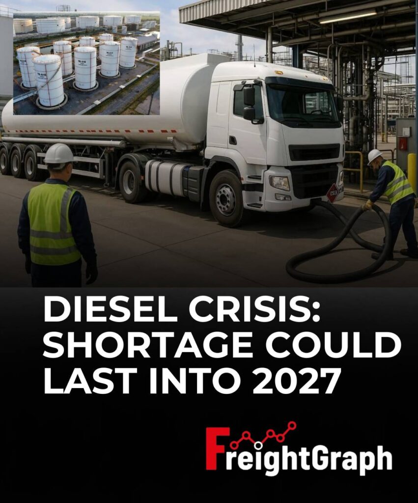 Heavy-duty trucks refueling as global diesel supplies tighten and the diesel shortage could continue into 2027.