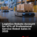 Autonomous mobile robots transporting pallets in an automated warehouse, illustrating the logistics sector's 47% share of professional service robot sales in 2025.