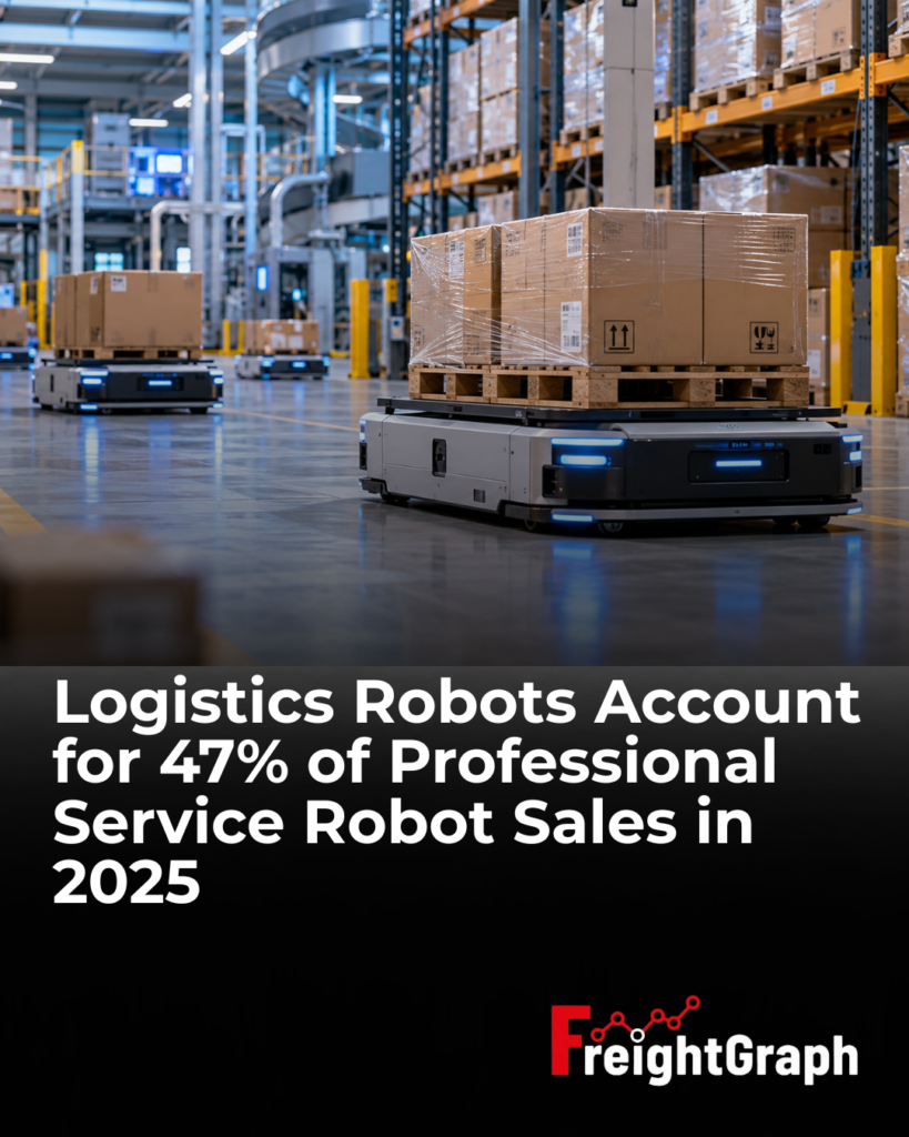 Autonomous mobile robots transporting pallets in an automated warehouse, illustrating the logistics sector's 47% share of professional service robot sales in 2025.
