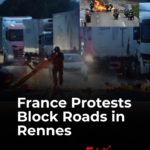 News graphic about burning barricades blocking sections of the Rennes ring road in France during nationwide protests.