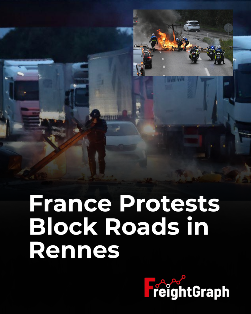News graphic about burning barricades blocking sections of the Rennes ring road in France during nationwide protests.