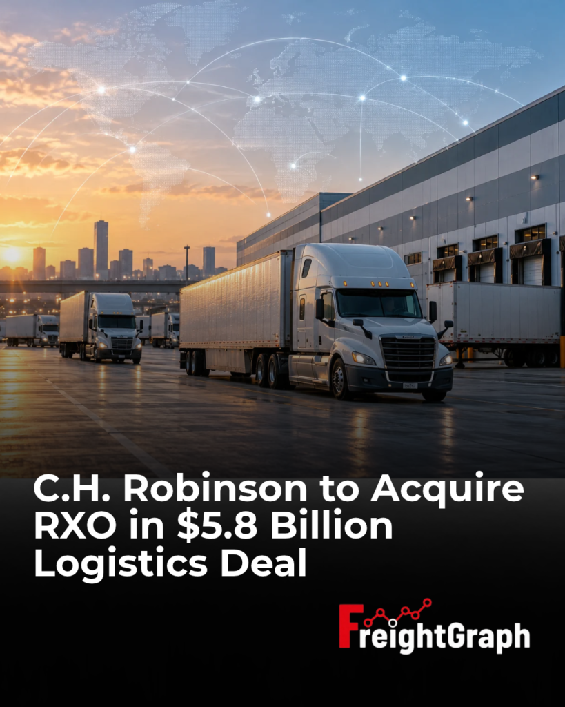 Illustrative image of freight trucks at a logistics distribution center accompanying news of C.H. Robinson's proposed $5.8 billion acquisition of RXO.