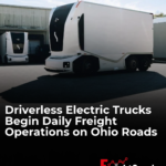 Einride cab-less autonomous electric truck operating at an EASE Logistics facility in Marysville, Ohio, during the 2026 driverless freight deployment.