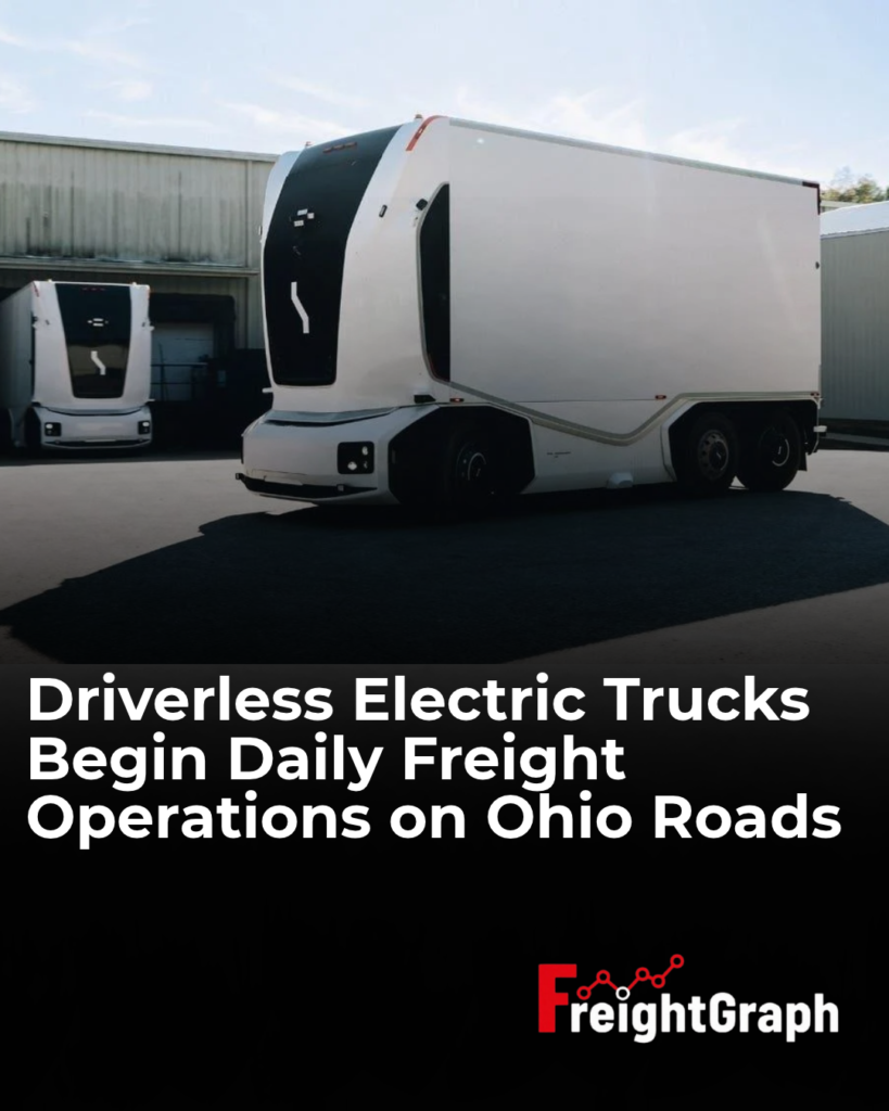 Einride cab-less autonomous electric truck operating at an EASE Logistics facility in Marysville, Ohio, during the 2026 driverless freight deployment.