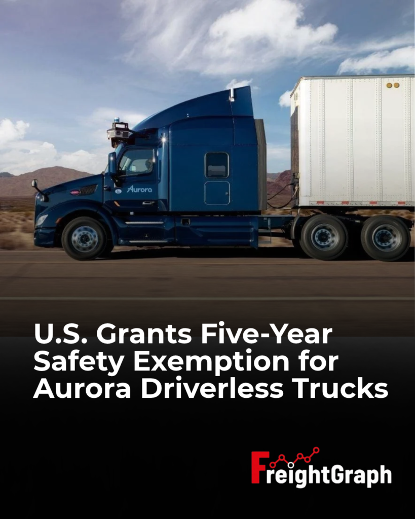 Aurora autonomous truck equipped with cab-mounted warning beacons, illustrating the U.S. five-year safety exemption for Level 4 driverless trucks.