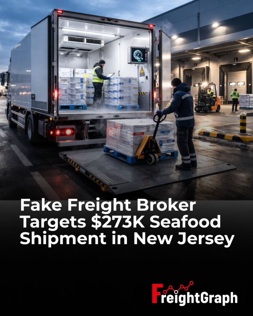 Illustrative refrigerated seafood shipment at a logistics warehouse, representing the $273,000 attempted cargo theft involving freight broker impersonation in New Jersey.