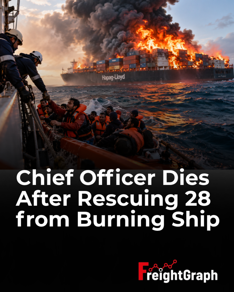 Espirito Santo Express container ship involved in a South Atlantic fire that led to the rescue of 28 seafarers and the loss of a chief officer.