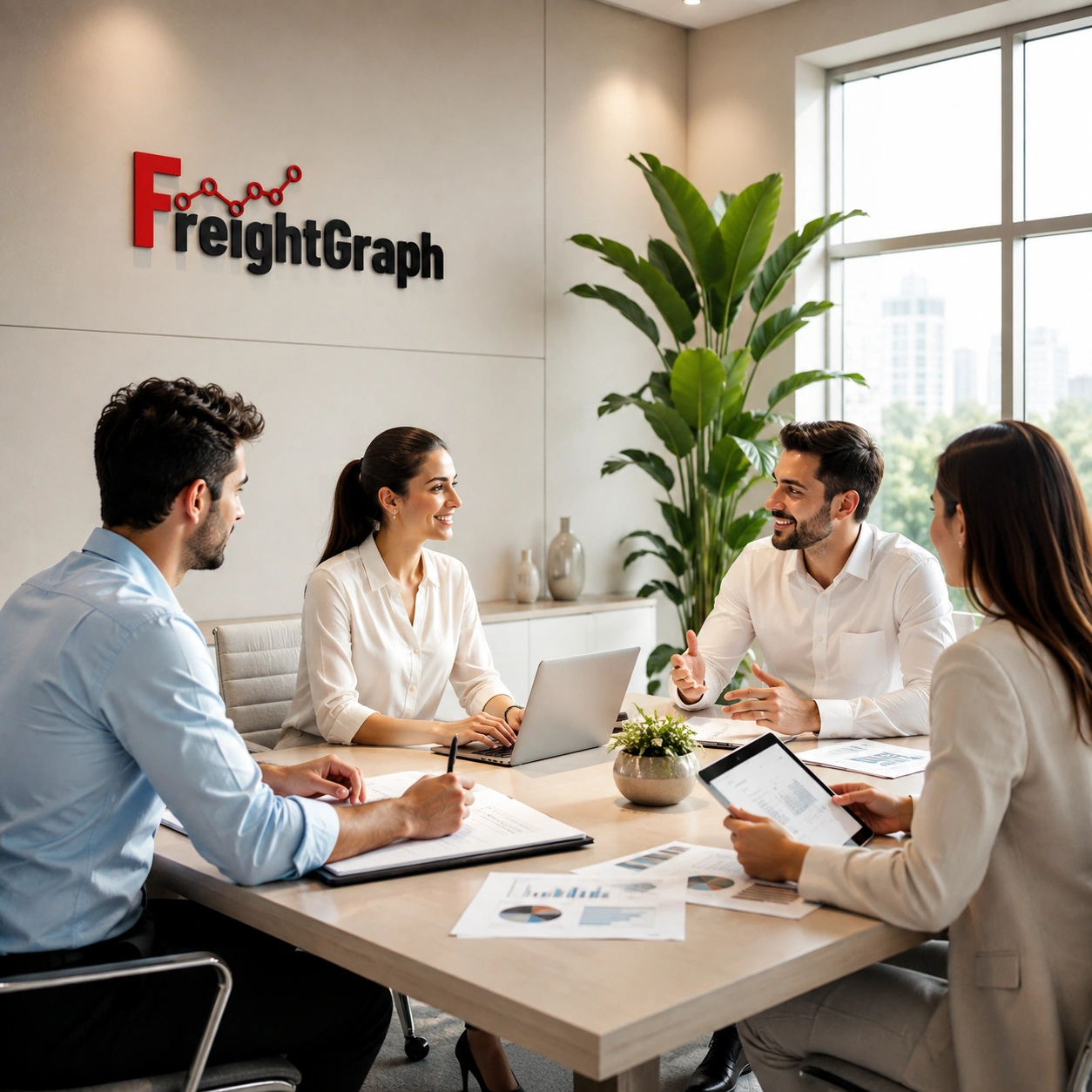 FreightGraph team collaborating in a modern office