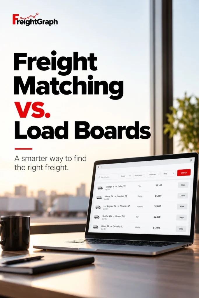 Freight Matching vs. Load Boards FreightGraph blog cover showing a laptop with a freight load board interface