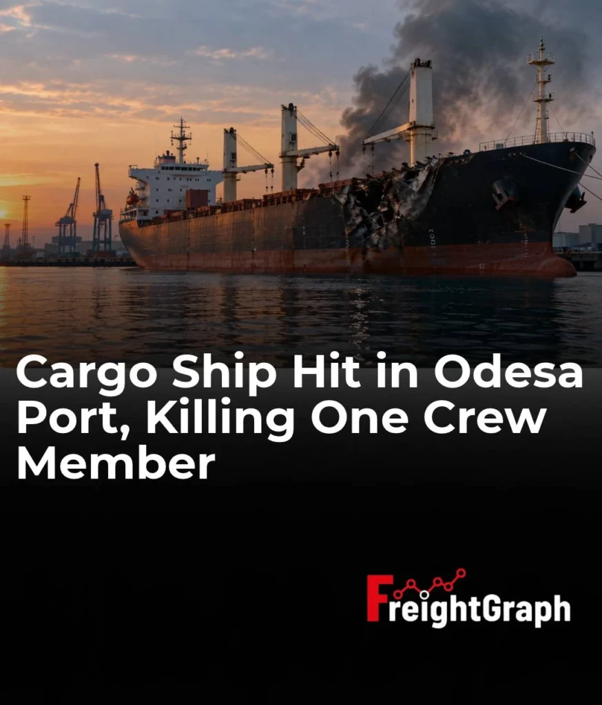 Civilian cargo vessel damaged in an attack in Ukraine's Odesa region, illustrating Black Sea shipping risks