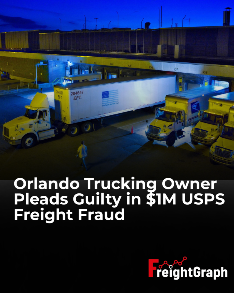 USPS freight truck illustrating the $1 million freight contract fraud case involving false delivery records in Orlando.